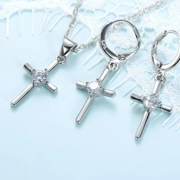 925 Sterling Silver Cross Necklace and Earrings Set Adorable Gift Ensemble - Picture 3 of 7